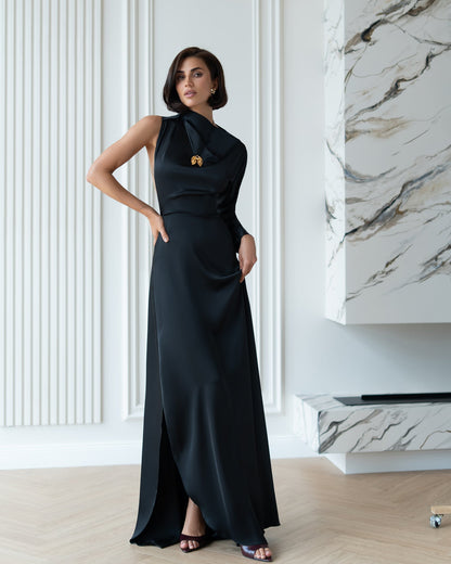 Black Satin Draped Neck One-Shoulder Maxi Dress