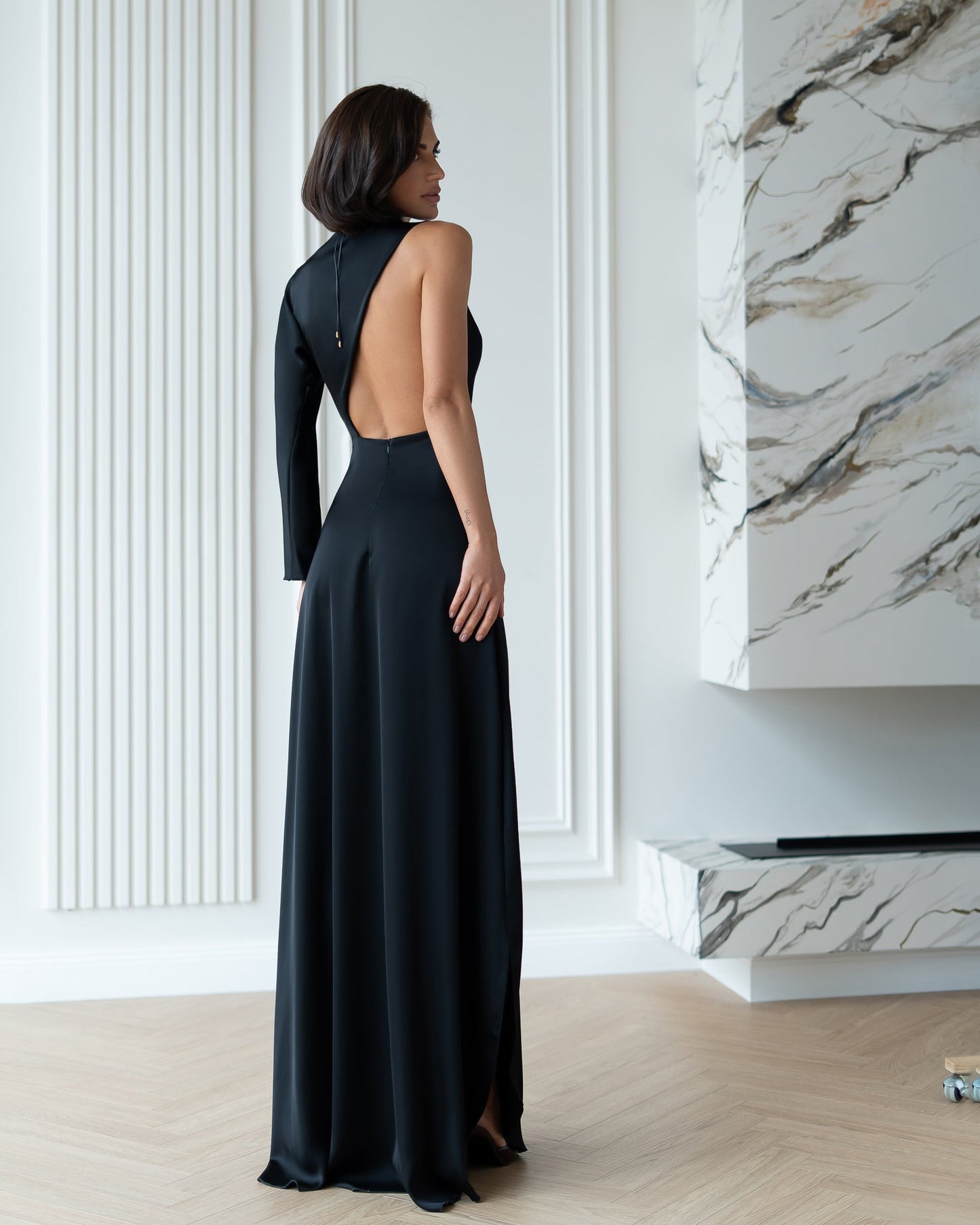Black Satin Draped Neck One-Shoulder Maxi Dress