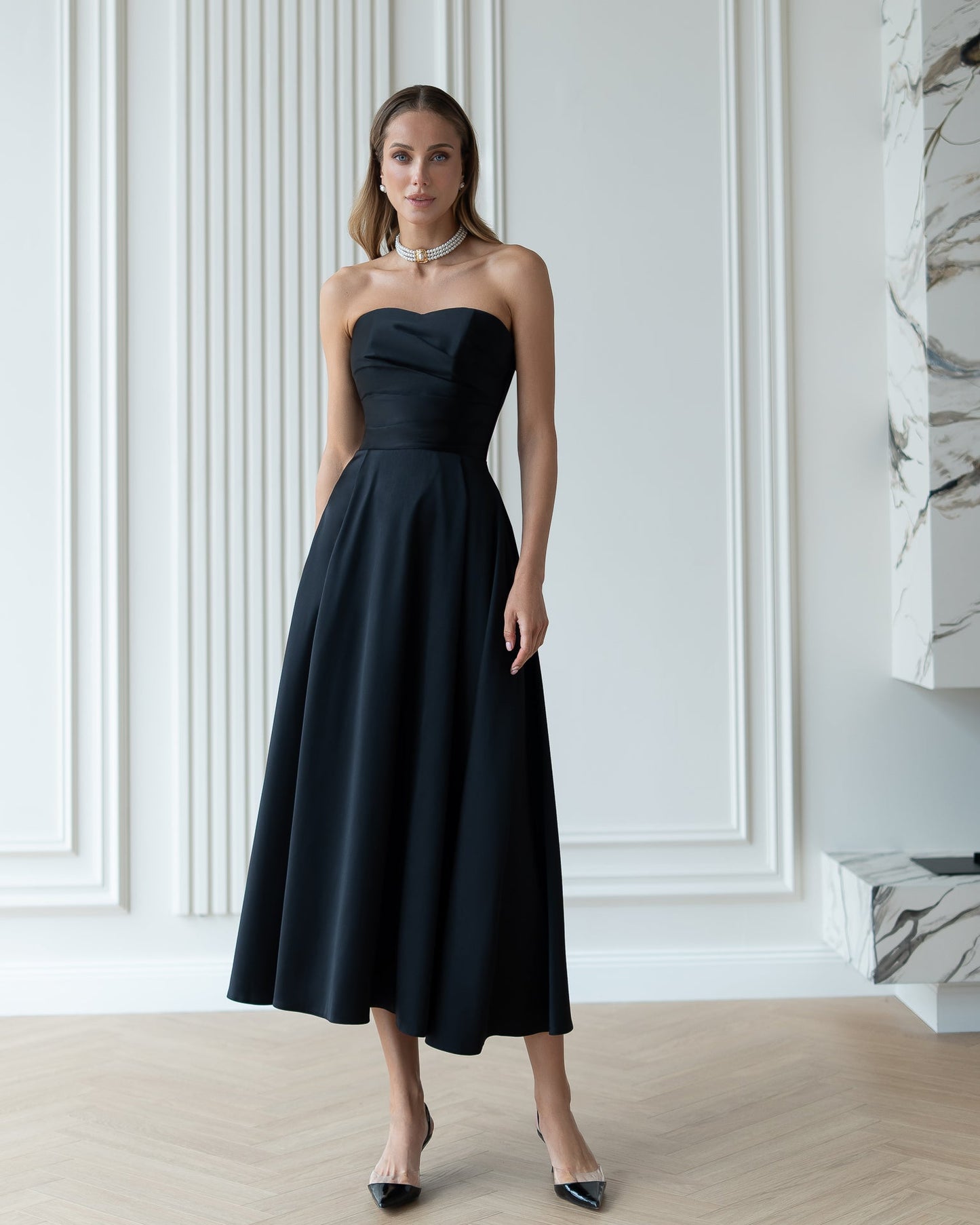 Nova Black Satin Strapless Sweetheart Midi Dress