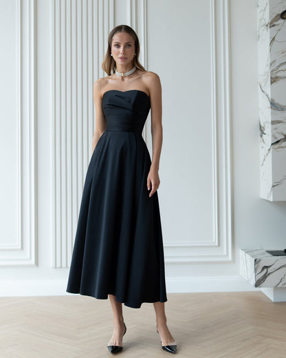 Nova Black Satin Strapless Sweetheart Midi Dress