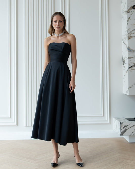 Nova Black Satin Strapless Sweetheart Midi Dress