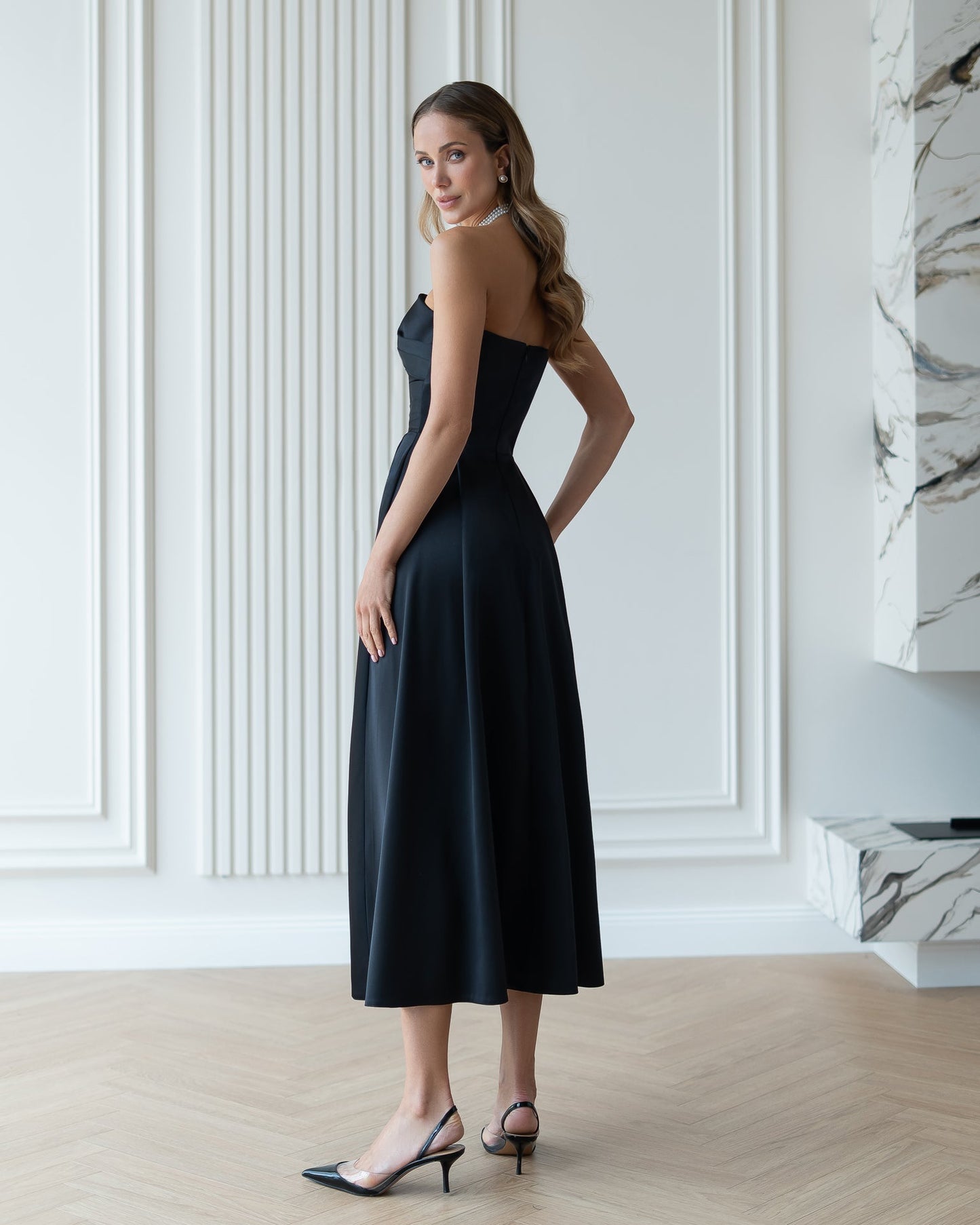 Nova Black Satin Strapless Sweetheart Midi Dress