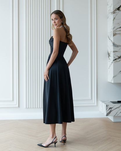 Nova Black Satin Strapless Sweetheart Midi Dress