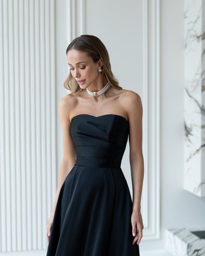 Nova Black Satin Strapless Sweetheart Midi Dress