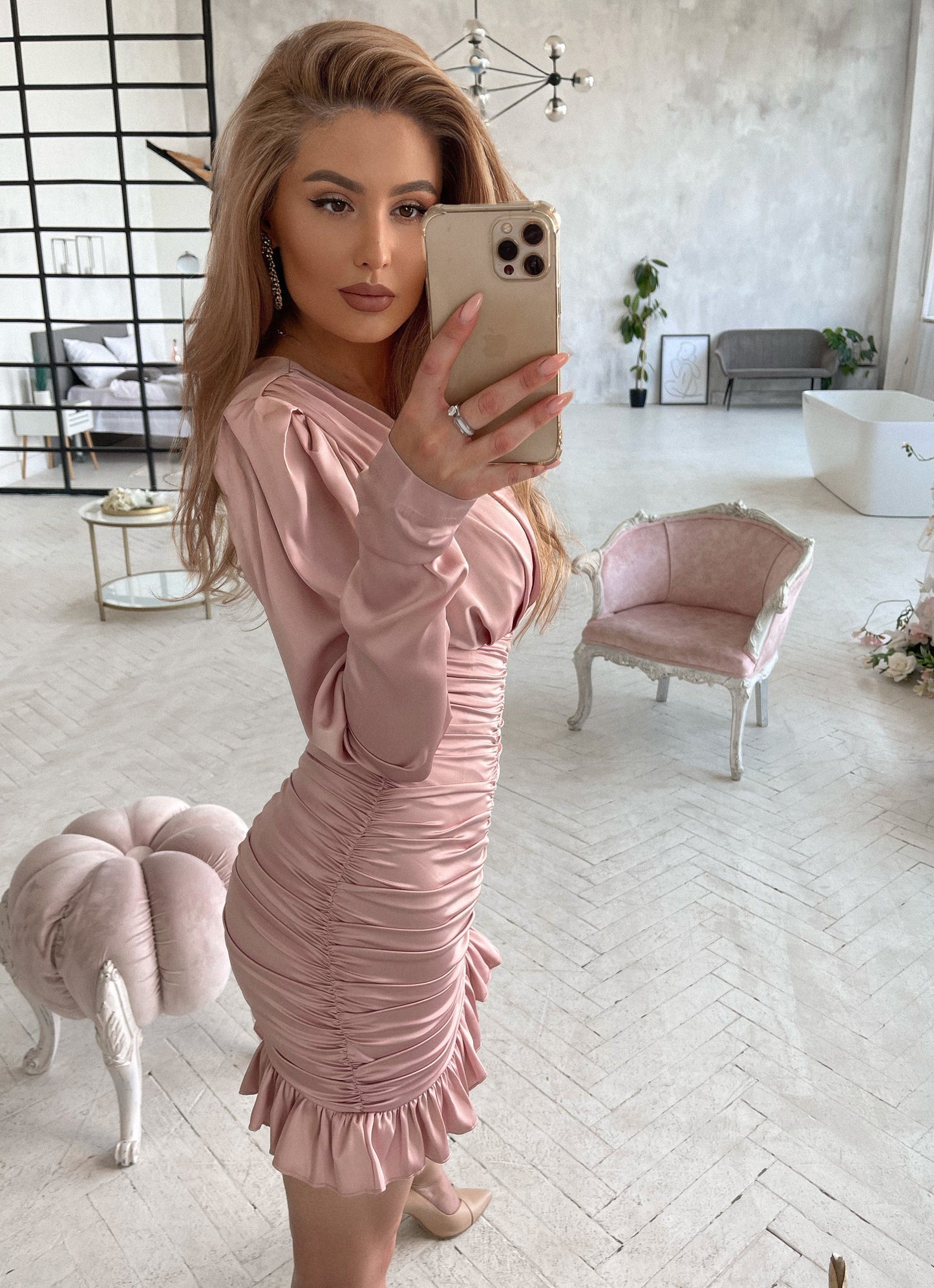 Dusty-Pink Silk Long Sleeve Ruched Mini Dress