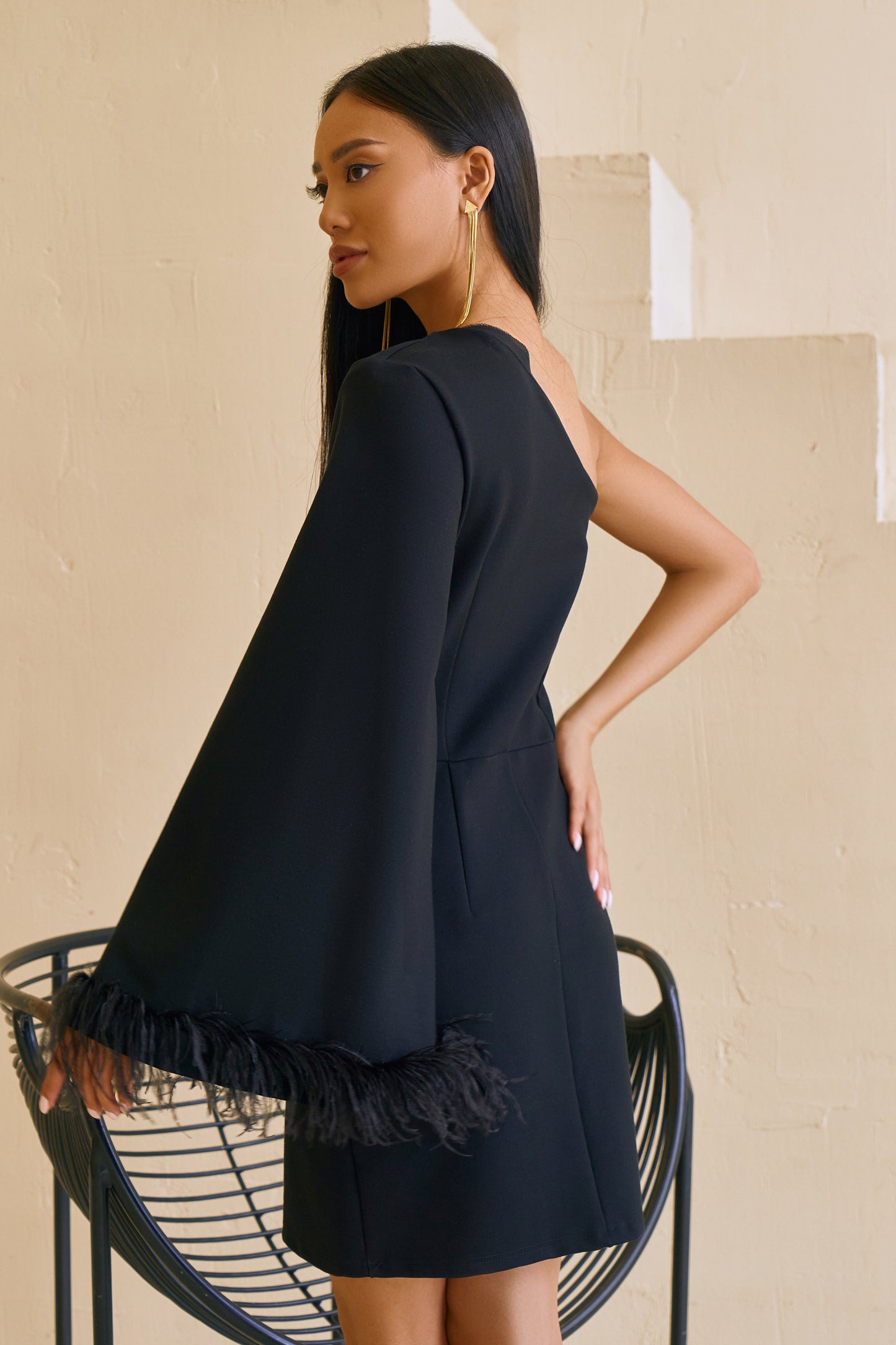 Black One-Shoulder Feather Sleeve Mini Dress