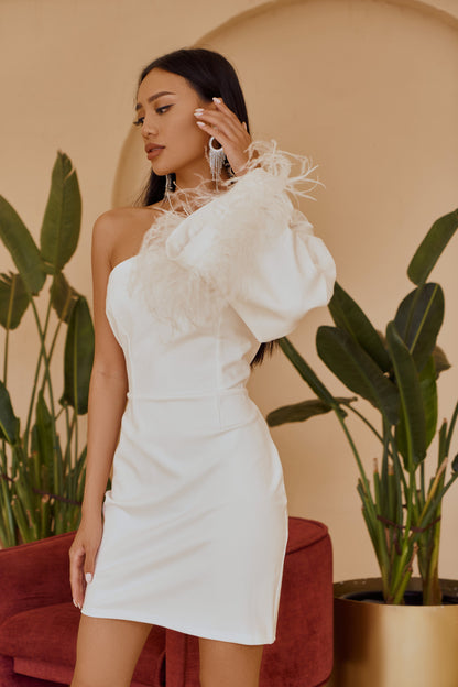 White One-Shoulder Feather Sleeve Mini Dress