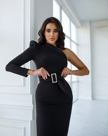 Black One-Shoulder Belted Midi Dress