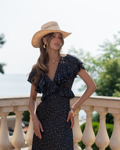 Léa Black Floral Print Ruffled V-Neck Maxi Dress