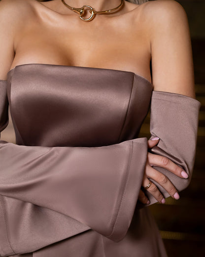 Nova Mocco Satin Off-Shoulder Long-Sleeve Mini Dress