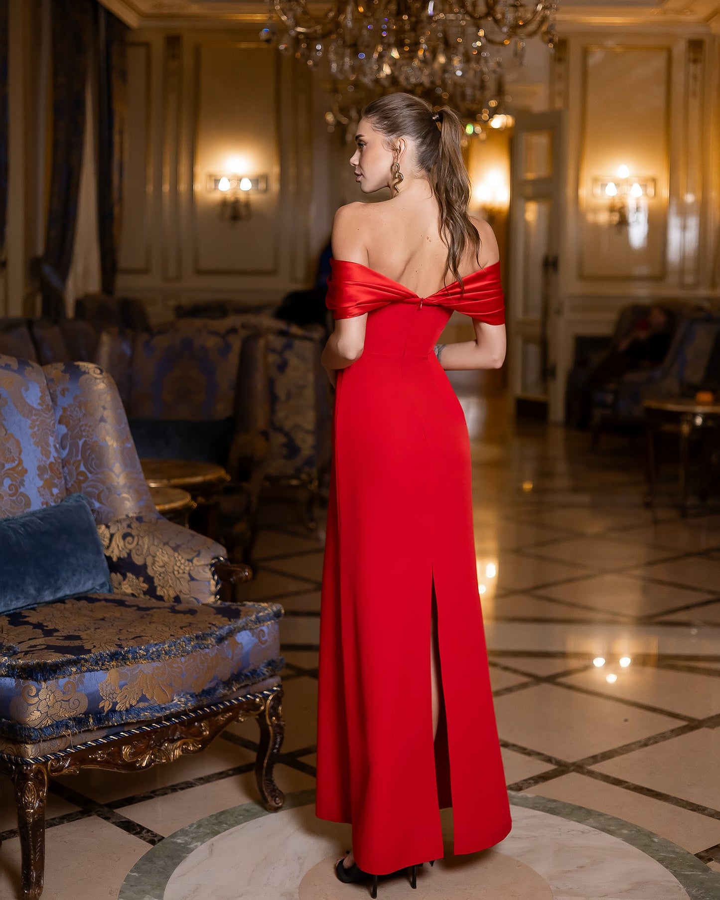 Léa Red Off-the-Shoulder Draped Maxi Dress