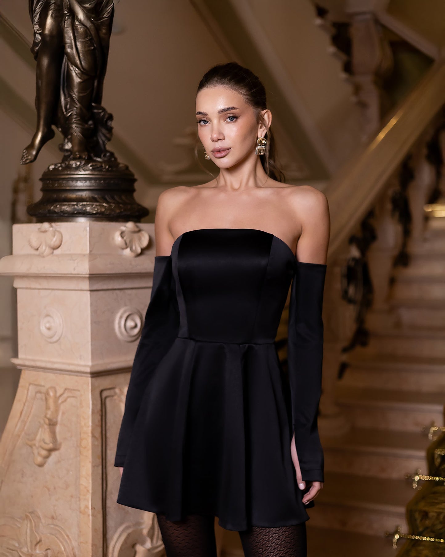 Nova Black Satin Off-Shoulder Long-Sleeve Mini Dress