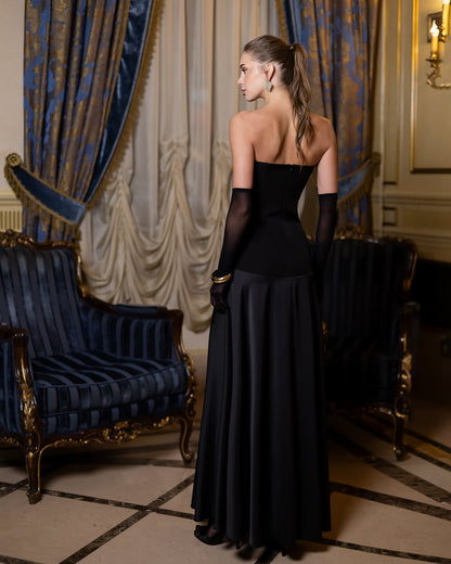 Selena Black Satin Strapless Straight-Neck Maxi Dress
