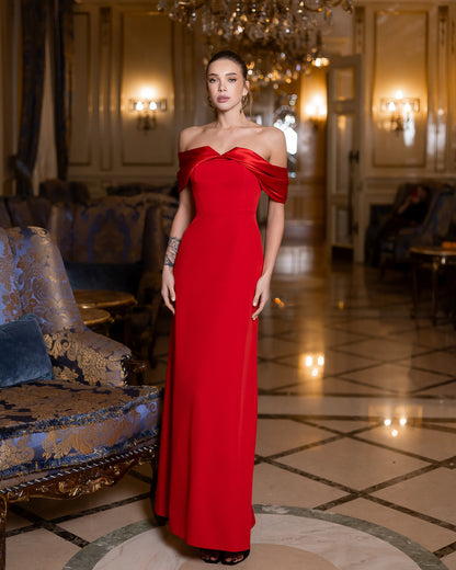 Léa Red Off-the-Shoulder Draped Maxi Dress