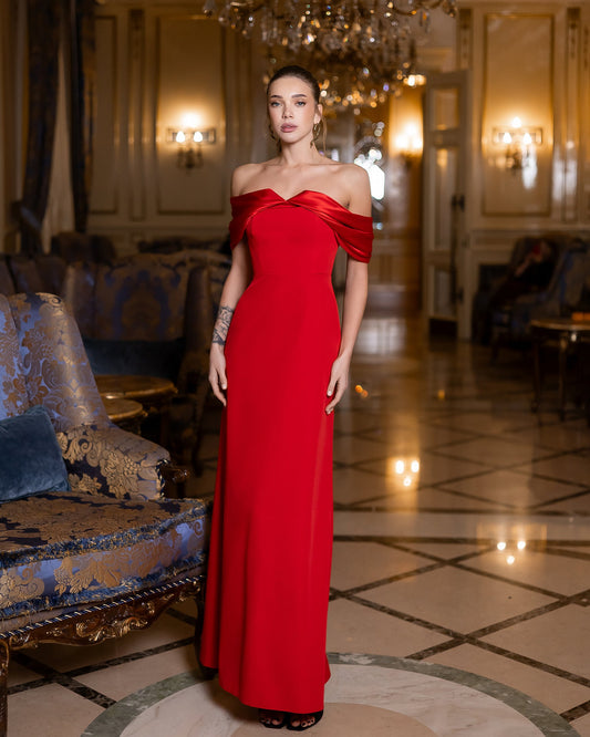 Léa Red Off-the-Shoulder Draped Maxi Dress