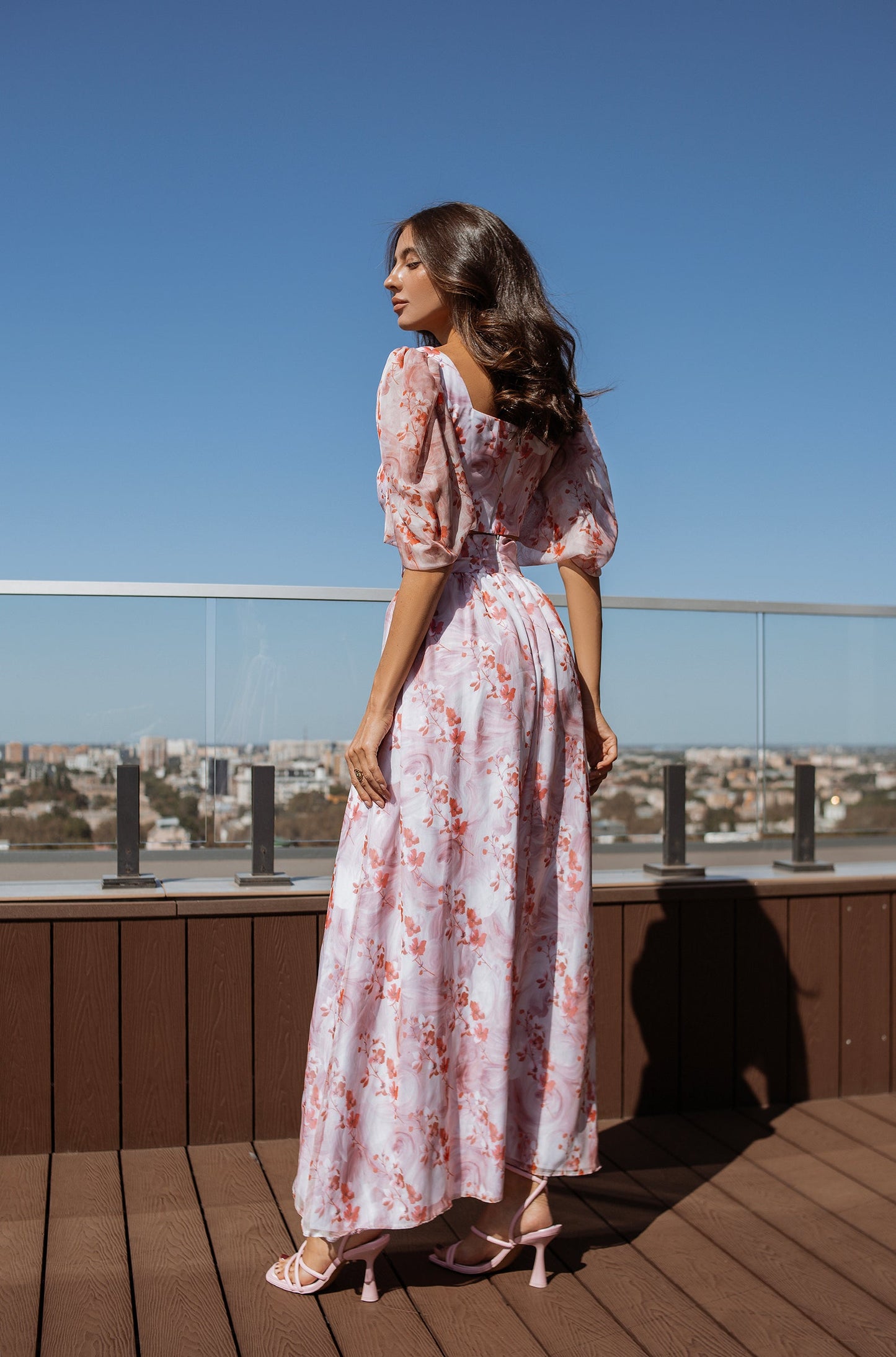 Dusty Pink Floral-Print Puff Sleeve Bow Top & Midi Skirt 2-Piece Set
