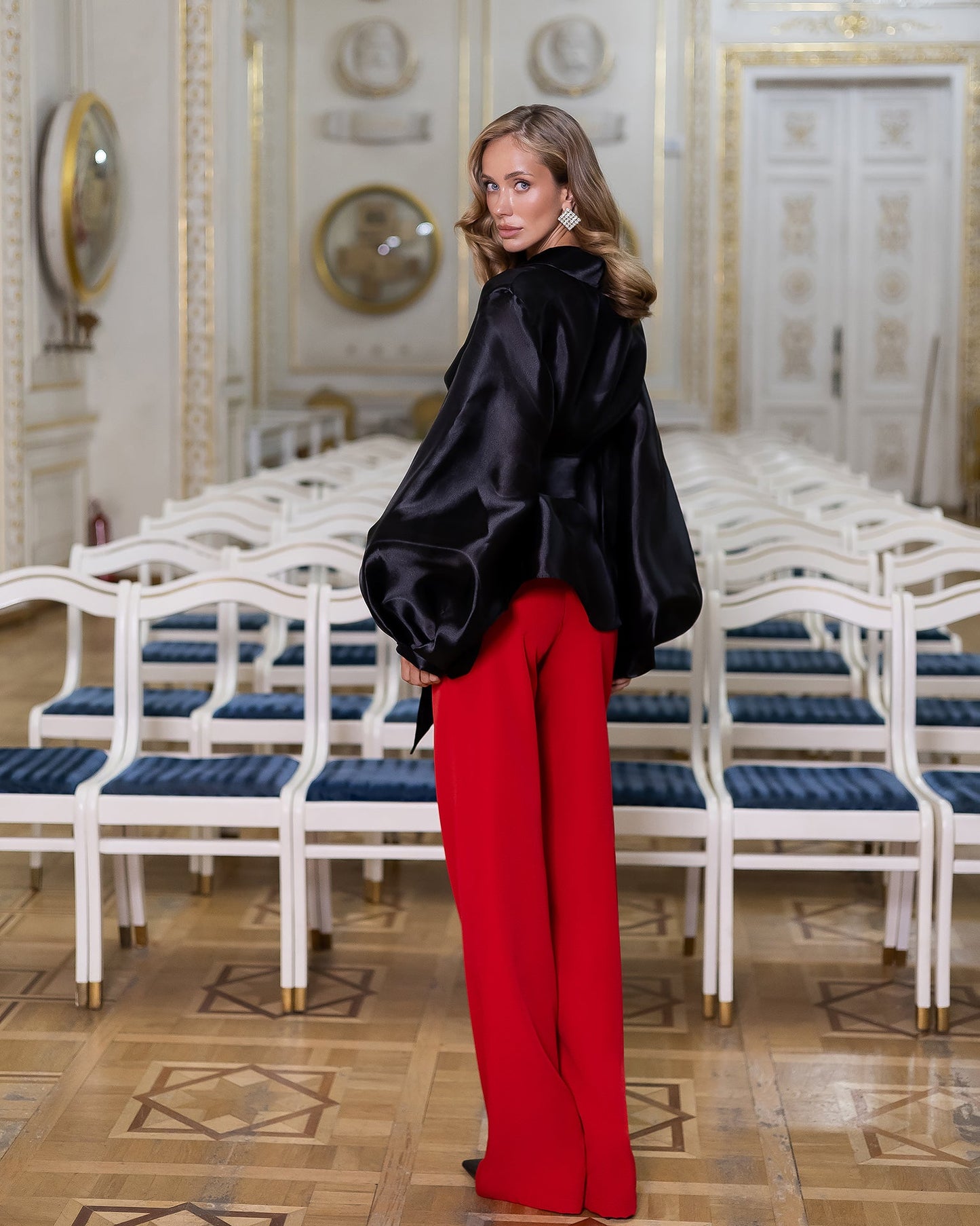 Black Shawl Collar Puff-Sleeve Belted Tunic Blouse