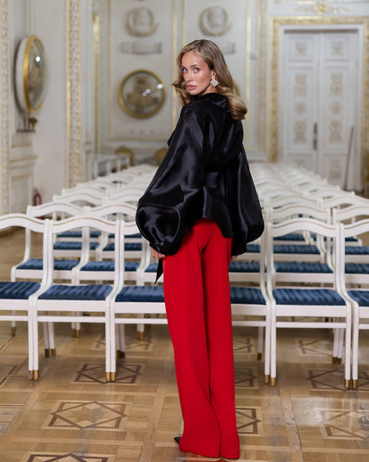 Black Shawl Collar Puff-Sleeve Belted Tunic Blouse