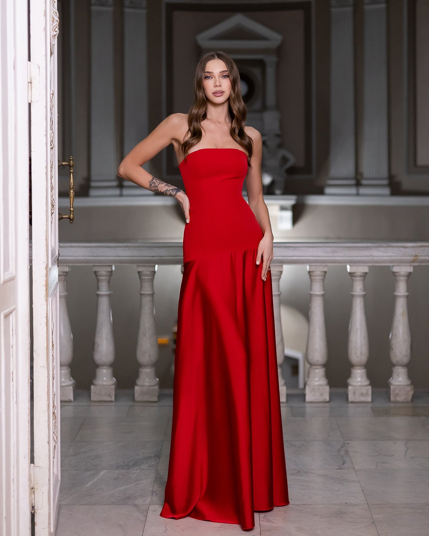 Selena Red Satin Strapless Straight-Neck Maxi Dress