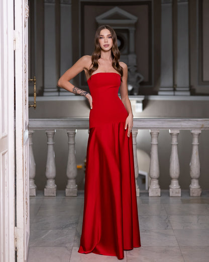 Selena Red Satin Strapless Straight-Neck Maxi Dress