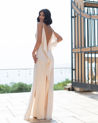 Beige Satin Cowl-Neck Backless Slip Maxi Dress