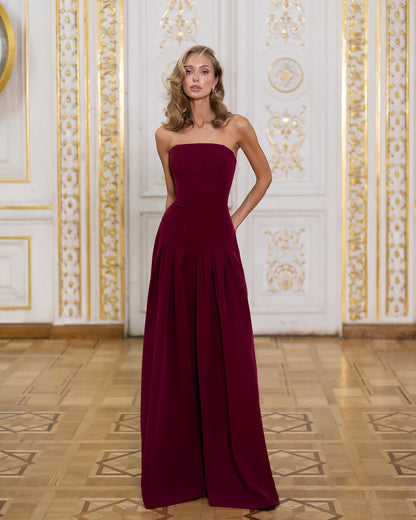 Sia Bordeaux Strapless Wide-Leg Jumpsuit