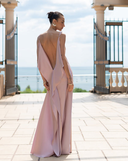 Dusty Pink Satin Cowl-Neck Backless Slip Maxi Dress