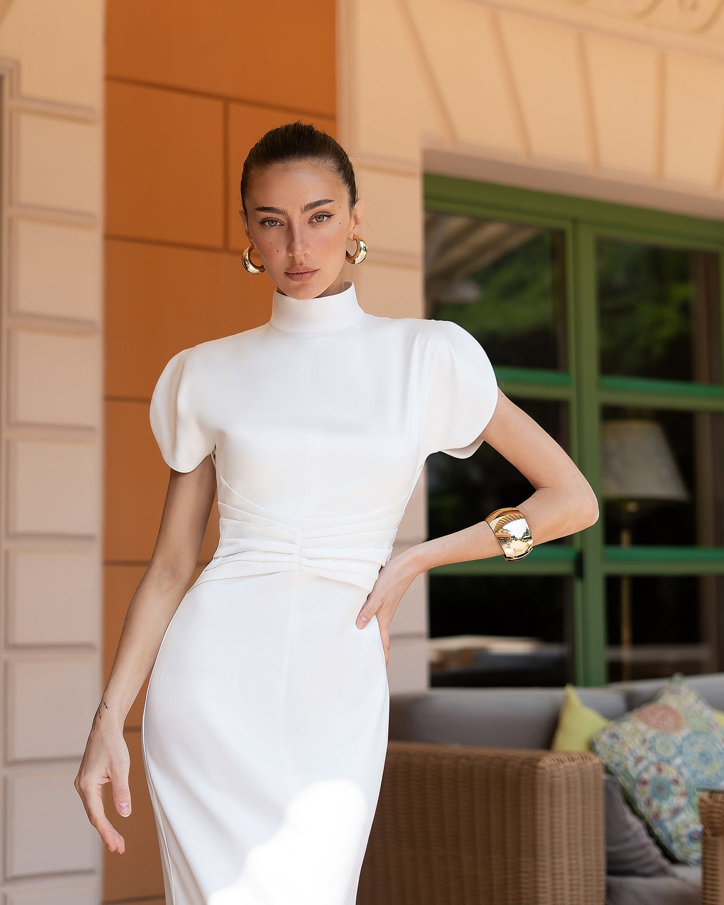 Nova White Satin High-Neck Puff-Sleeve Maxi Dress