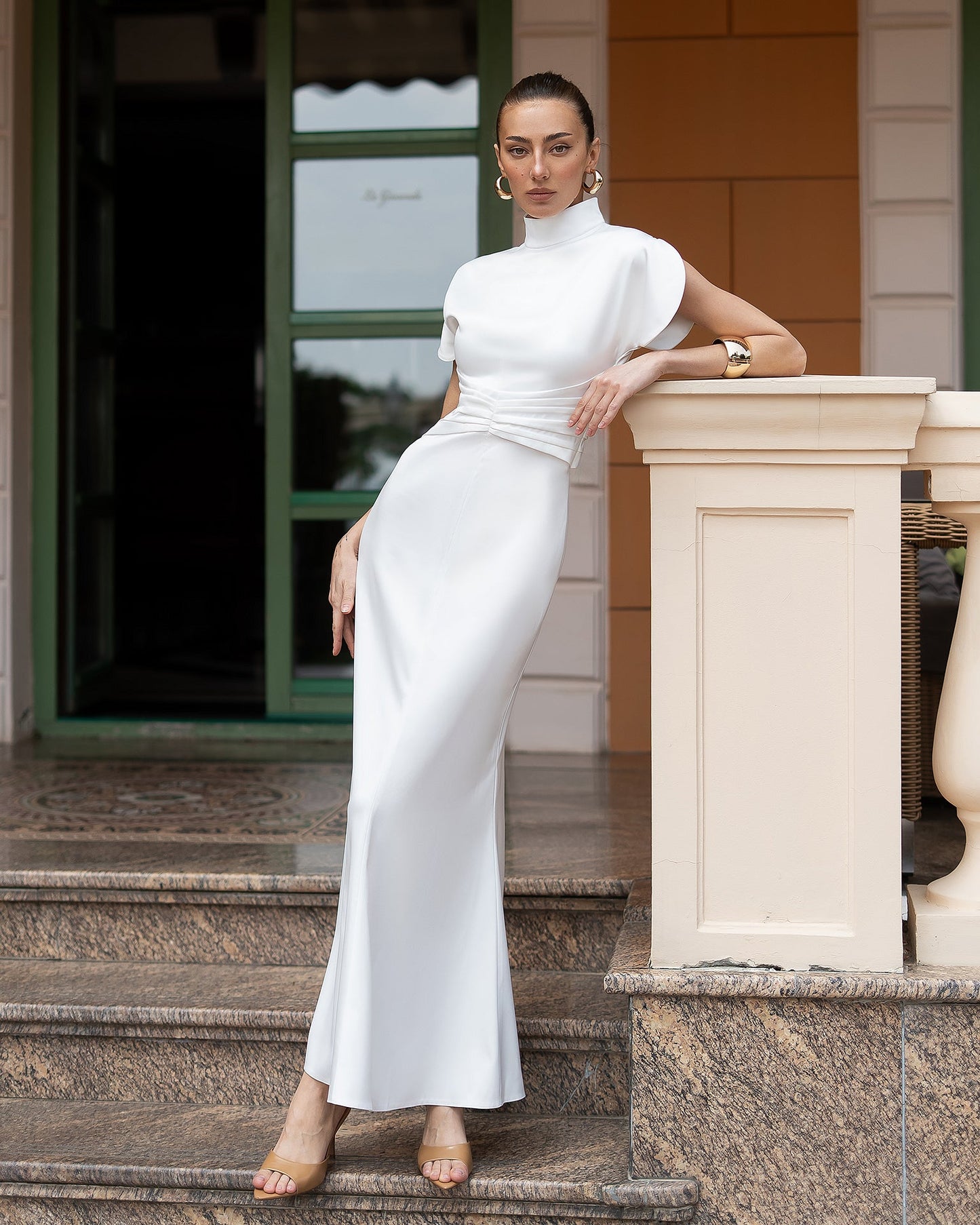 Nova White Satin High-Neck Puff-Sleeve Maxi Dress