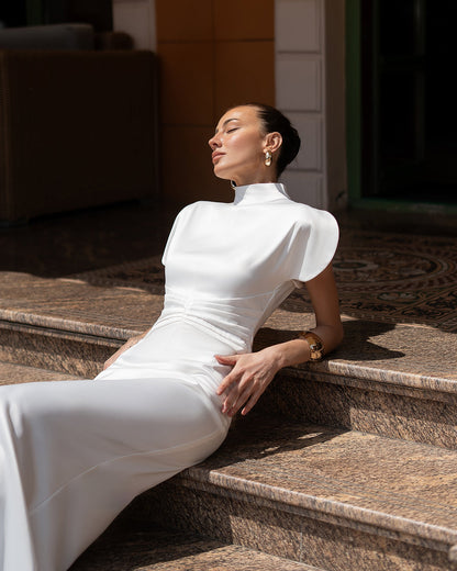 Nova White Satin High-Neck Puff-Sleeve Maxi Dress