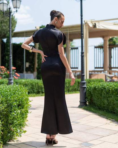 Nova Black Satin High-Neck Puff-Sleeve Maxi Dress