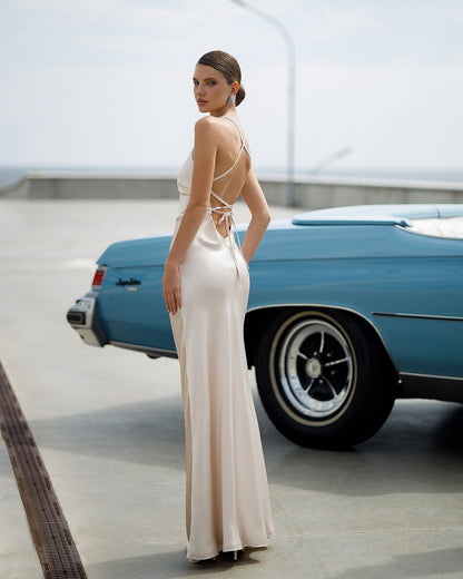 Stella Beige Satin Slip Maxi Dress
