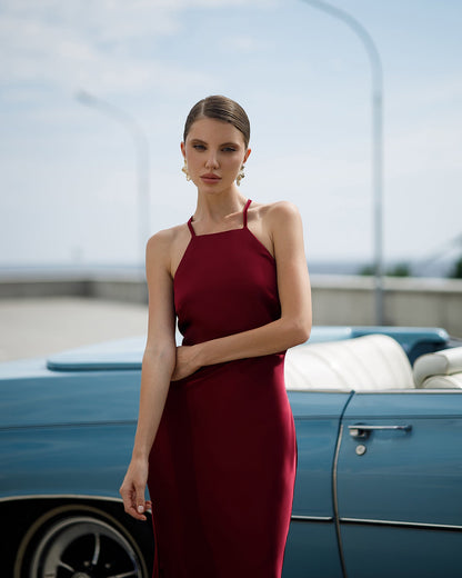 Stella Bordeaux Satin Slip Maxi Dress
