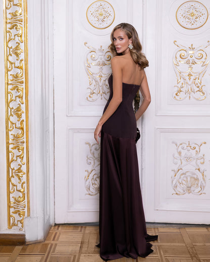 Selena Brown Satin Strapless Straight-Neck Maxi Dress