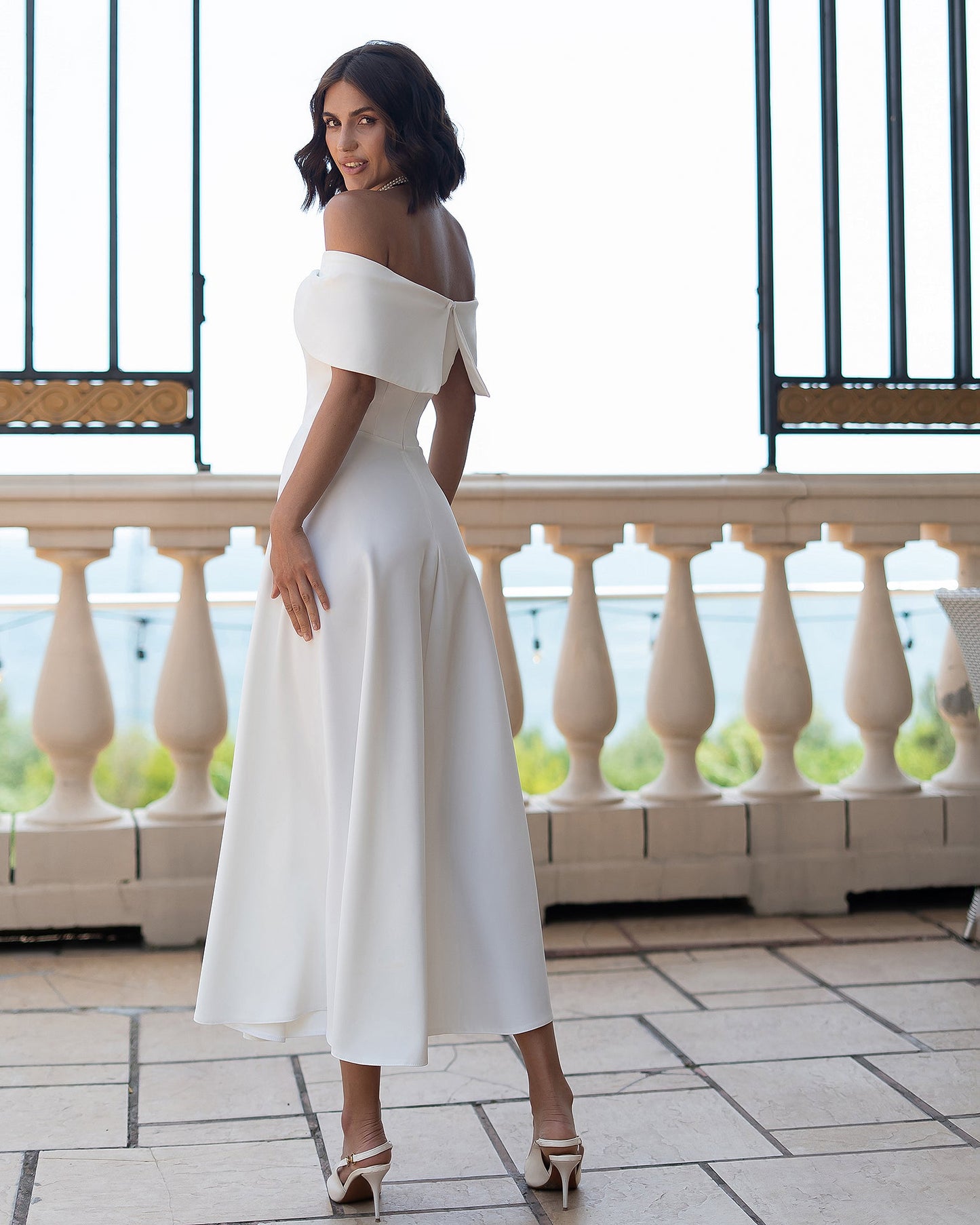 Céline White Off-Shoulder Draped-Bow Midi Dress