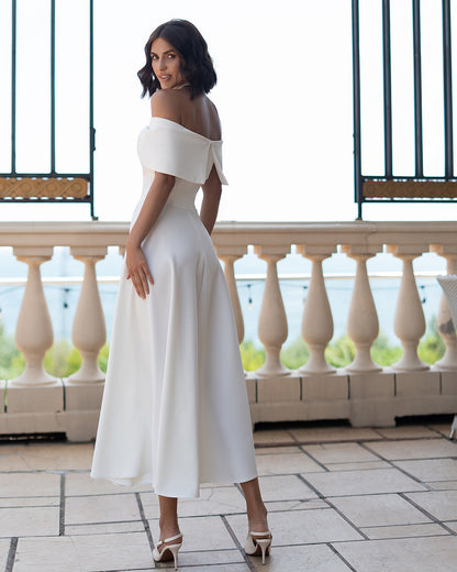 Céline White Off-Shoulder Draped-Bow Midi Dress