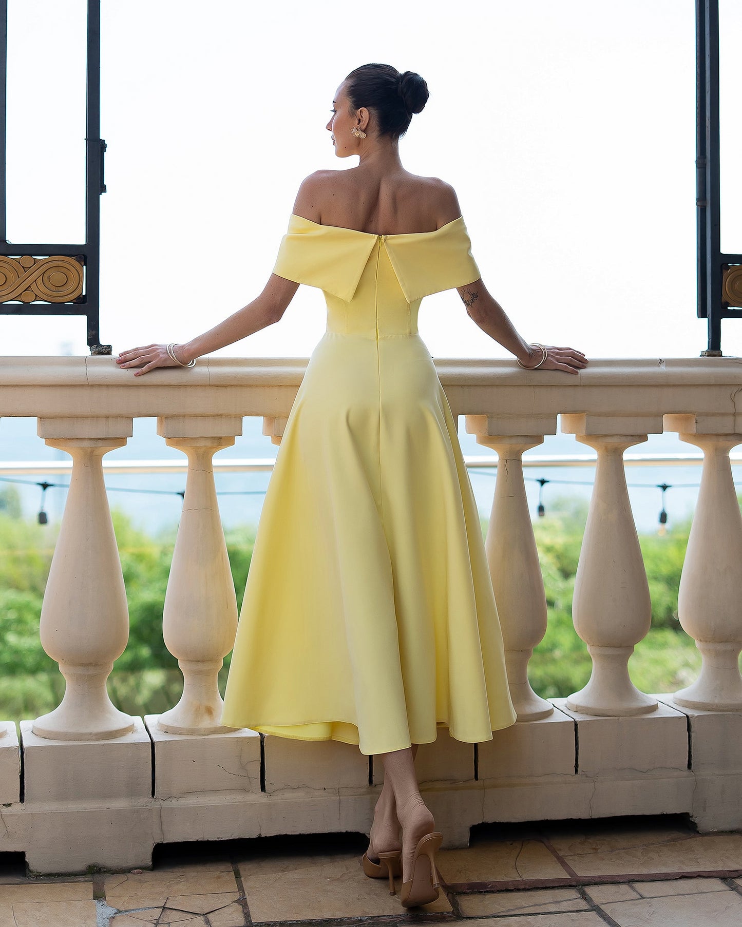 Céline Yellow Off-Shoulder Draped-Bow Midi Dress