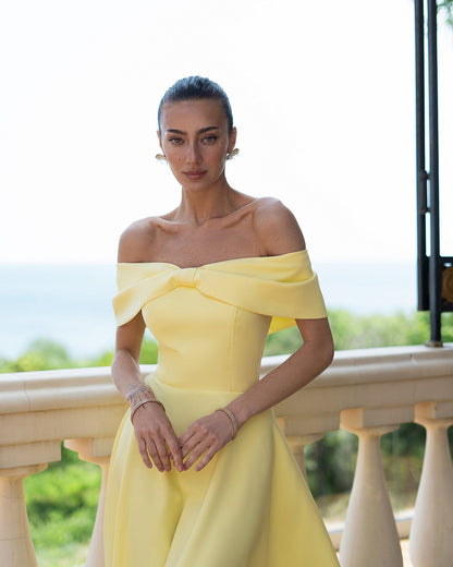 Céline Yellow Off-Shoulder Draped-Bow Midi Dress