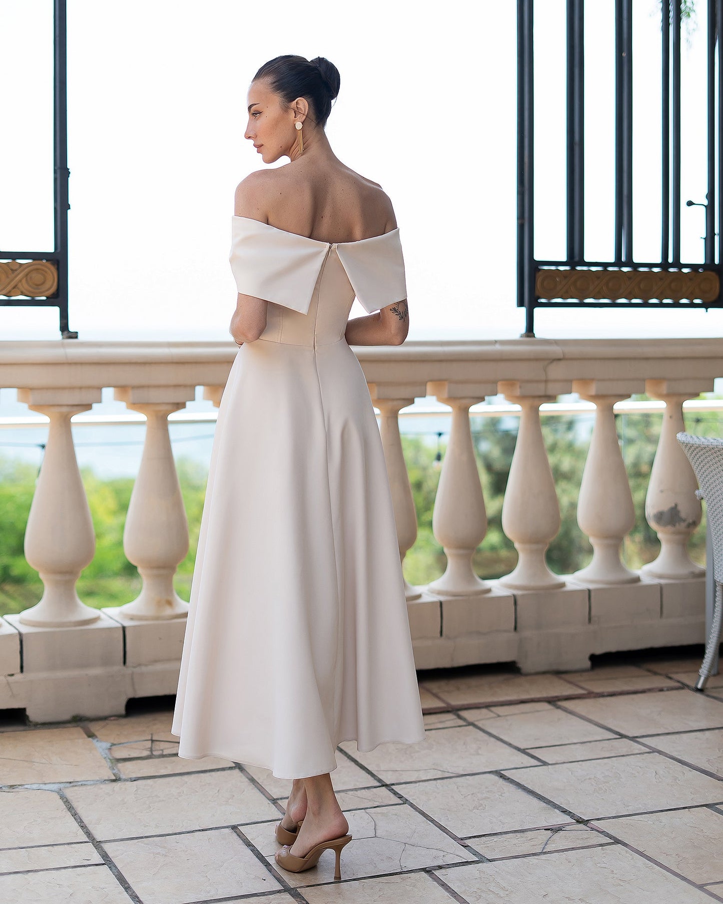 Céline Beige Off-Shoulder Draped-Bow Midi Dress