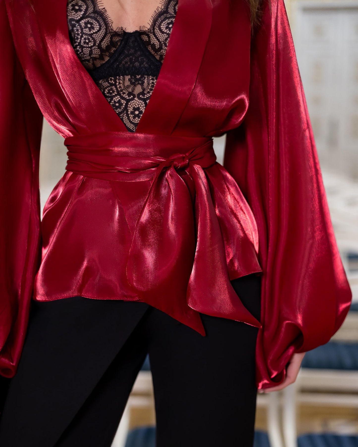 Red Shawl Collar Puff-Sleeve Belted Dress Tunic Blouse