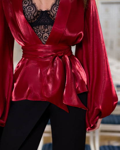 Red Shawl Collar Puff-Sleeve Belted Dress Tunic Blouse