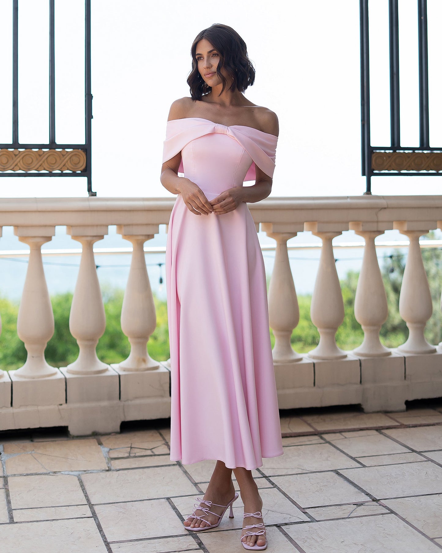 Céline Dusty Pink Off-Shoulder Draped-Bow Midi Dress