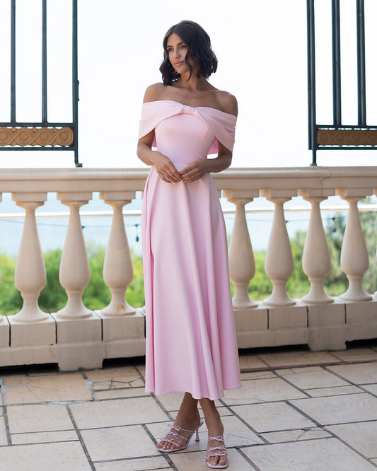 Céline Dusty Pink Off-Shoulder Draped-Bow Midi Dress