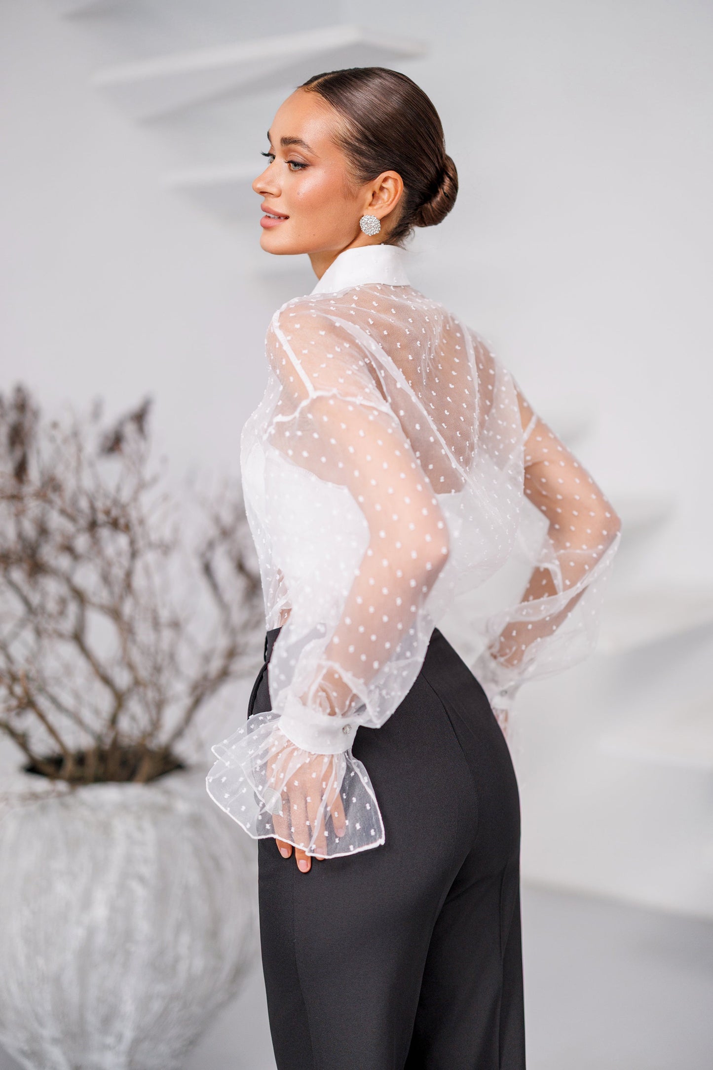 Liora White Sheer Organza Polka-Dot Blouse