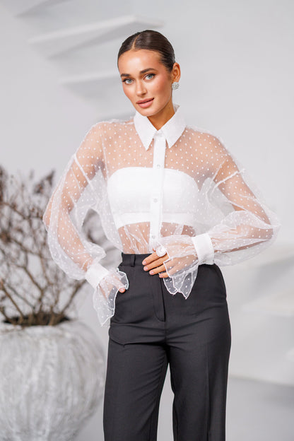 Liora White Sheer Organza Polka-Dot Blouse