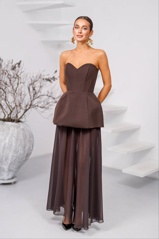 Brown Strapless Sweetheart Chiffon Skirt Maxi Dress