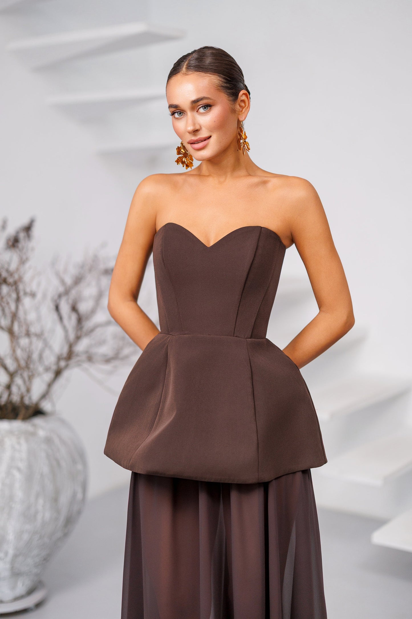 Brown Strapless Sweetheart Chiffon Skirt Maxi Dress