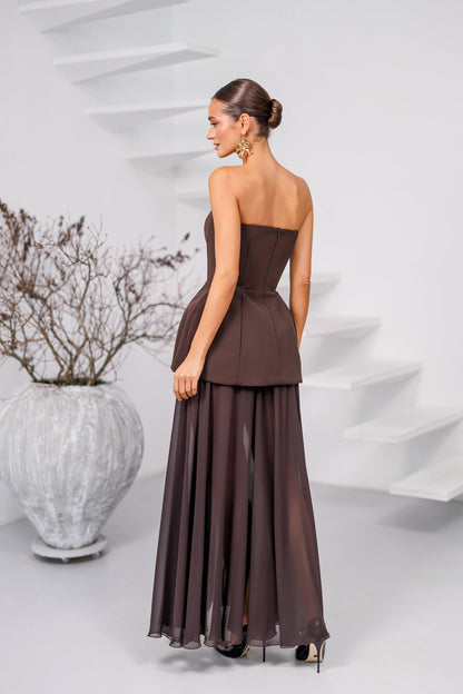 Brown Strapless Sweetheart Chiffon Skirt Maxi Dress