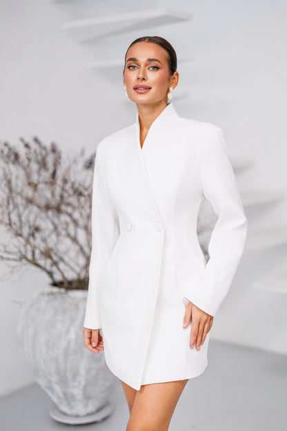 Monte White Collarless Double-Breasted Blazer Dress