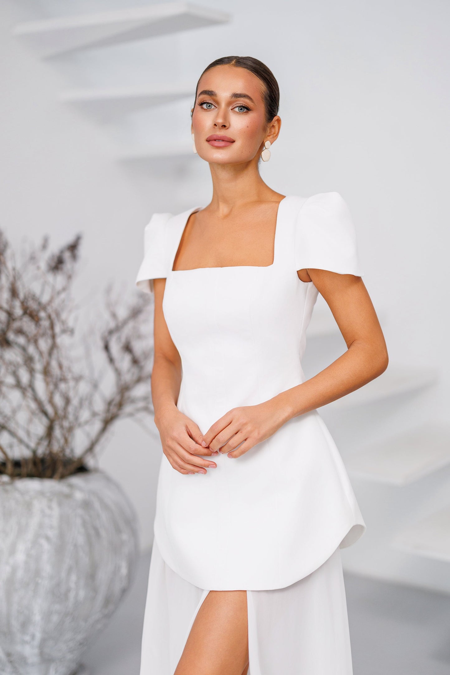 Elara White Square-Neck Puff-Sleeve Chiffon Maxi Dress